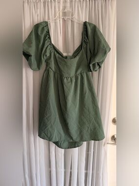 miami Olive Green Puff-Sleeve Babydoll Mini Dress Large